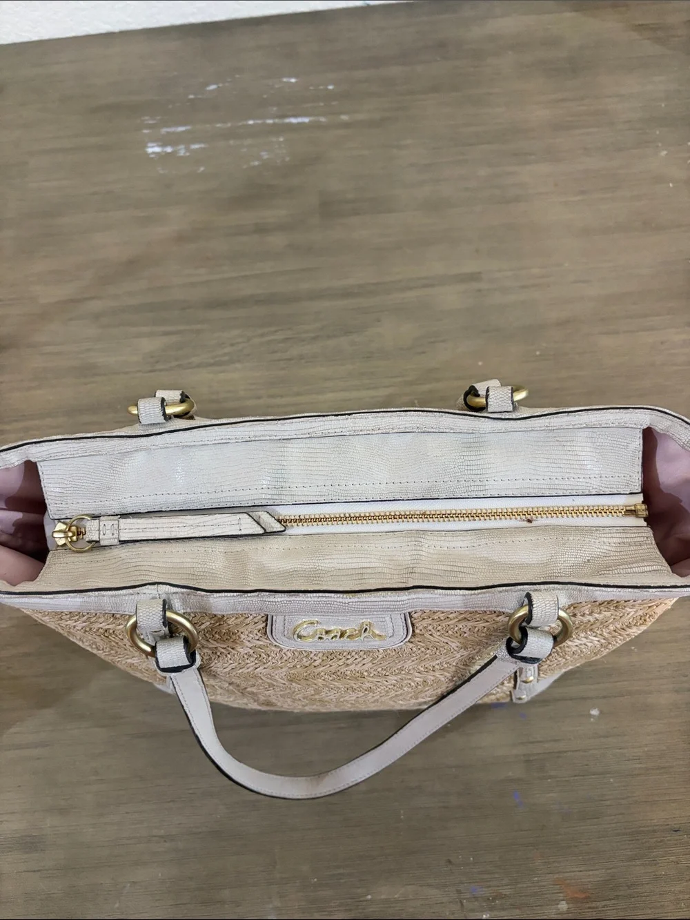 COACH ALEXANDRA PYTHON STRAW TOTE BAG F21959 CREAM/TAN